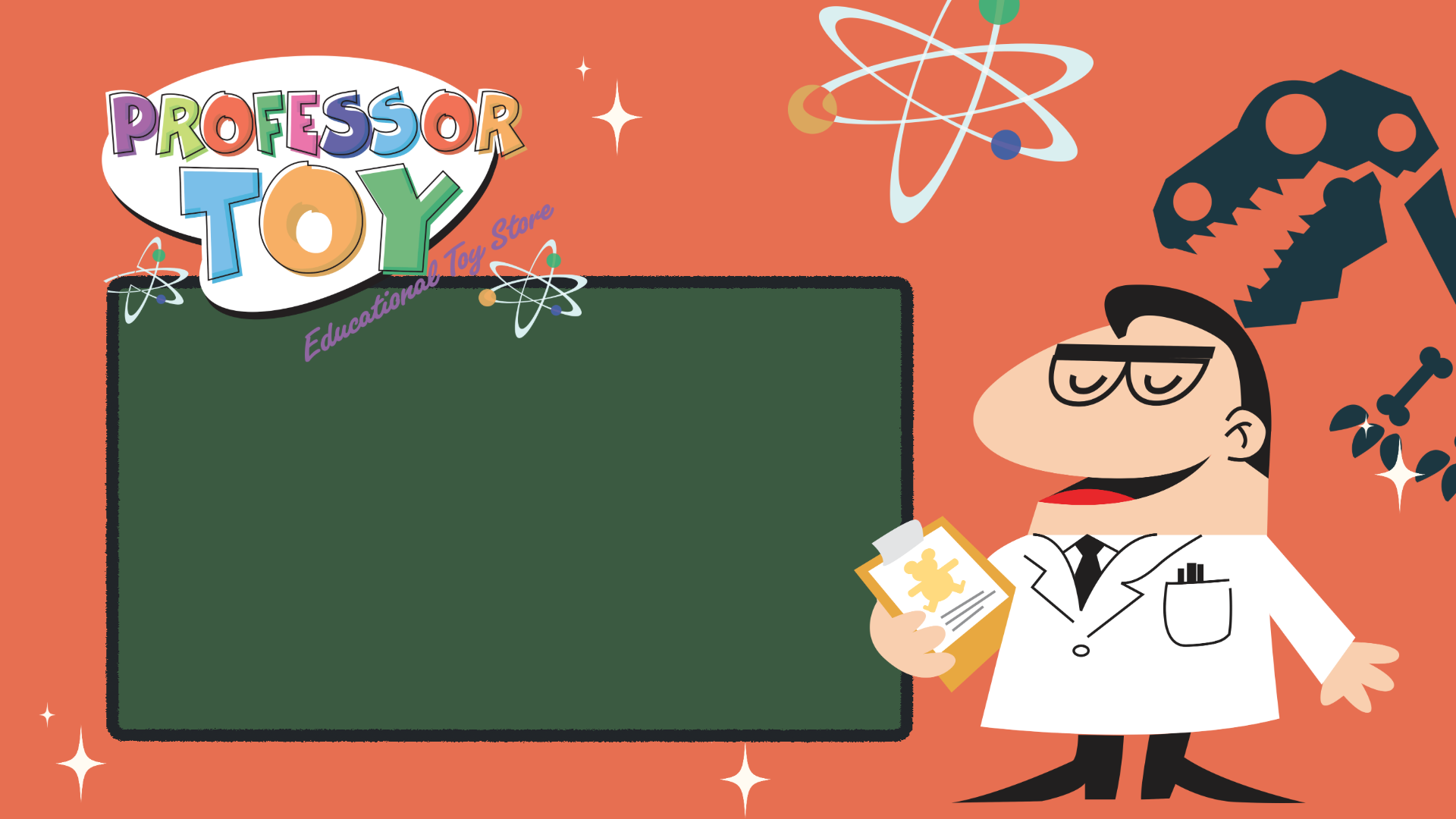 Professor Toy teaching scene illustration with blackboard, logo, atom orbits, and dinosaur silhouette
